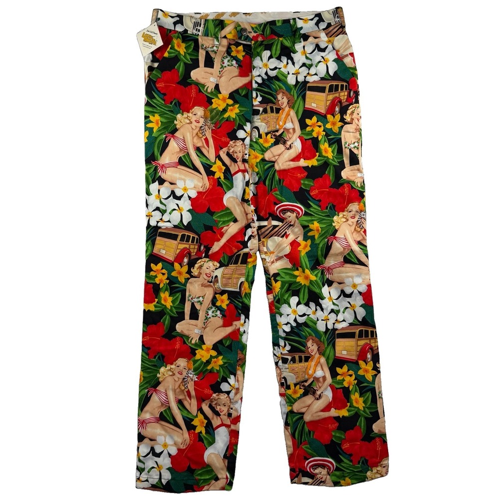 Loudmouth Golf Pants Mens 34x32 Hawaiian Pinup Girl Floral Classic Woodies Cars
